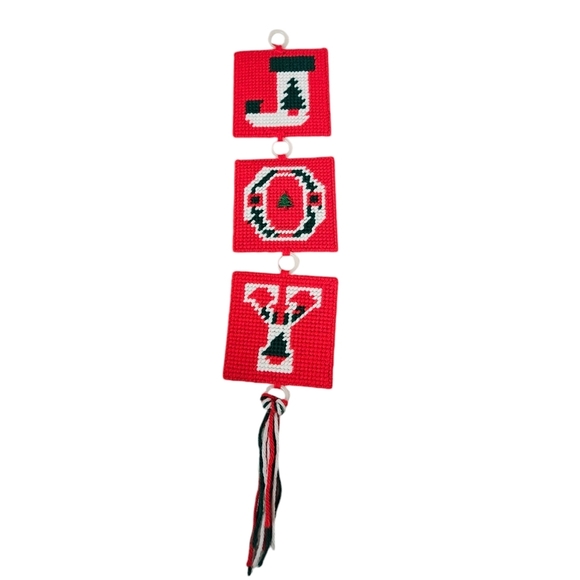 Vintage Handmade Joy Needlepoint Christmas Wall Hanging‎ Decor Sign w Tassels - Picture 1 of 8